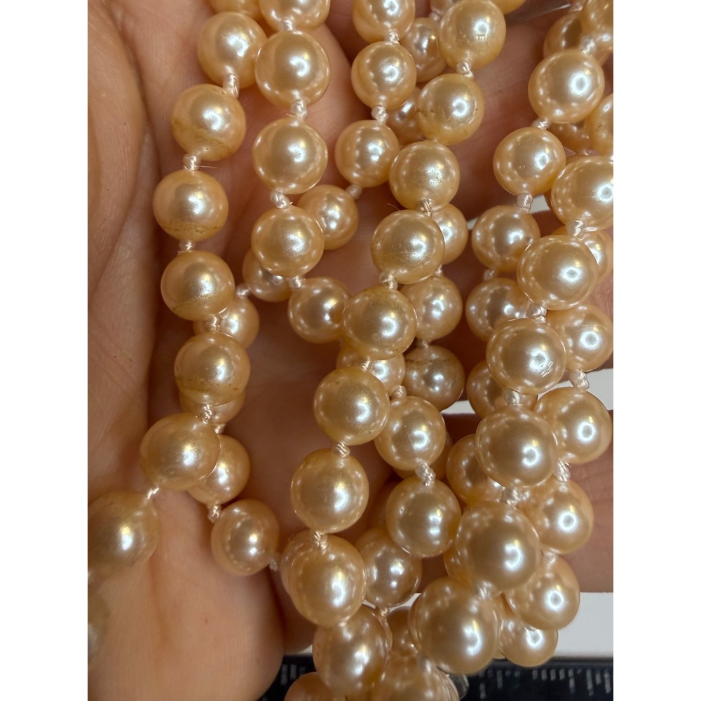 Champagne Cream Faux Pearl Hand Knotted Necklace Silver Tone Filigree Clasp 22in